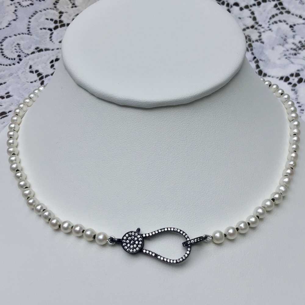 NTW Real Pearl Necklace black pave clasp Handmade